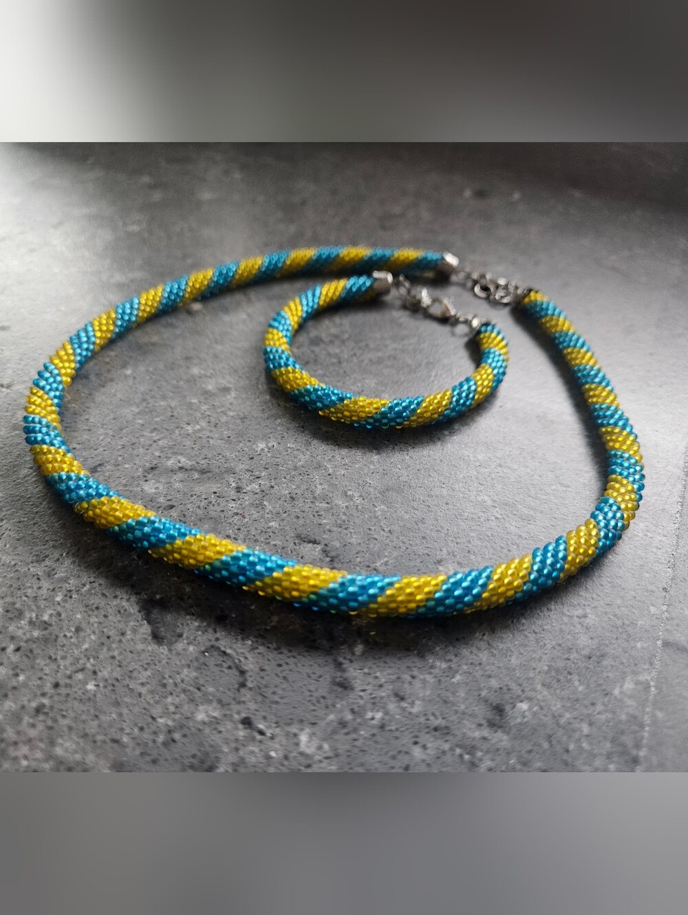 NEW Handmade Ukrainian Flag Beaded Necklace & Bracelet Set Blue Yellow Seed Bead
